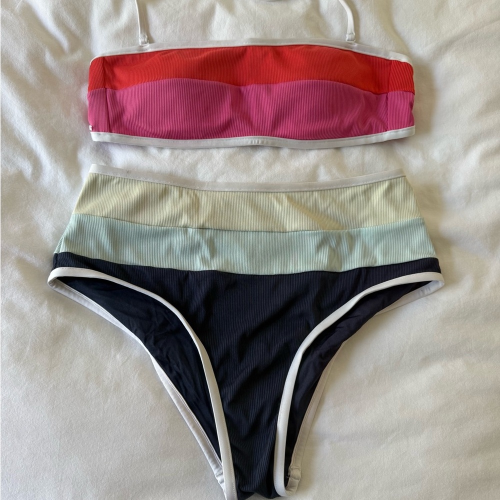 Rip Curl Colorblock Bandeau Bikini Set - Red, Pink, Cream, Light Blue, Navy